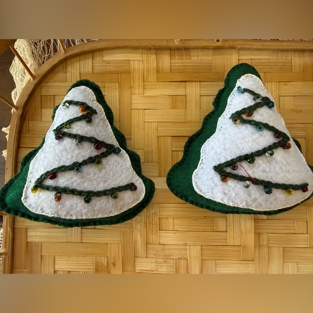 Handmade Felt Christmas Tree Ornaments - Green & White